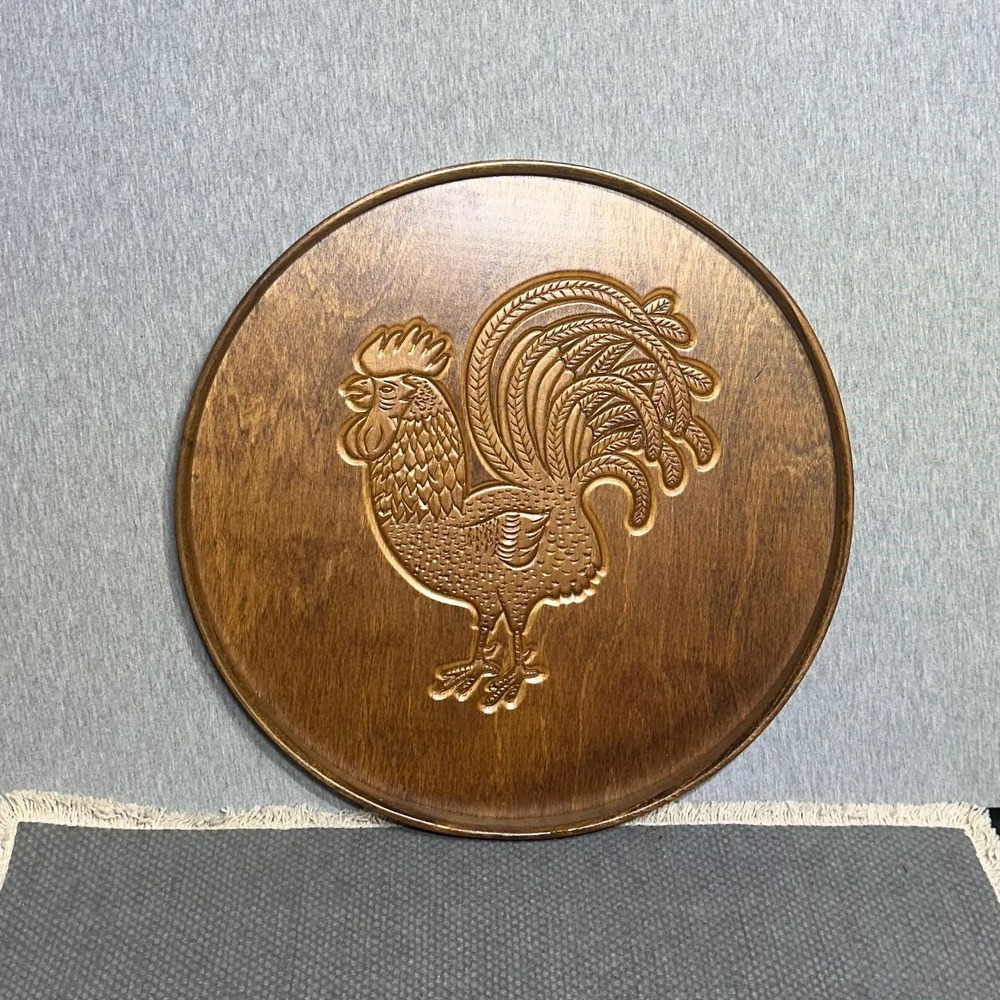 Vintage Rustic Round Wooden Rooster Carved Wood Farmhouse Decor 15 Inch